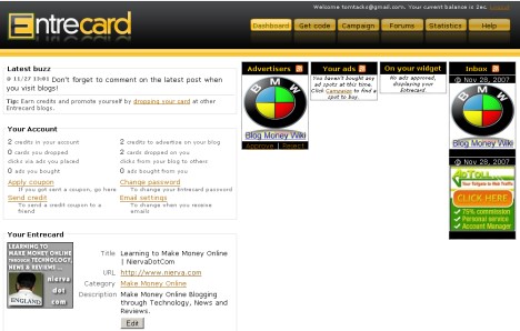 EntreCard NiervaDotCom dashboard