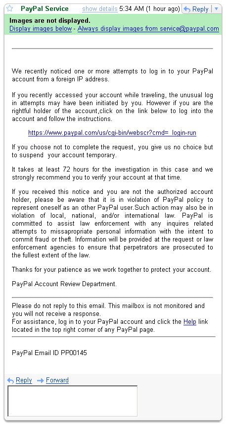 PayPal Phishing Email captured screenshot